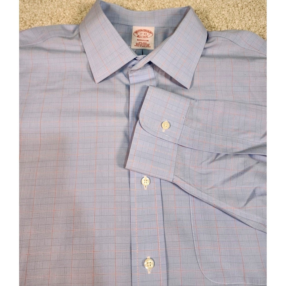 Brooks Brothers Dress Shirt Mens 17 33 Light Blue Madison No Iron Windowpane Chk